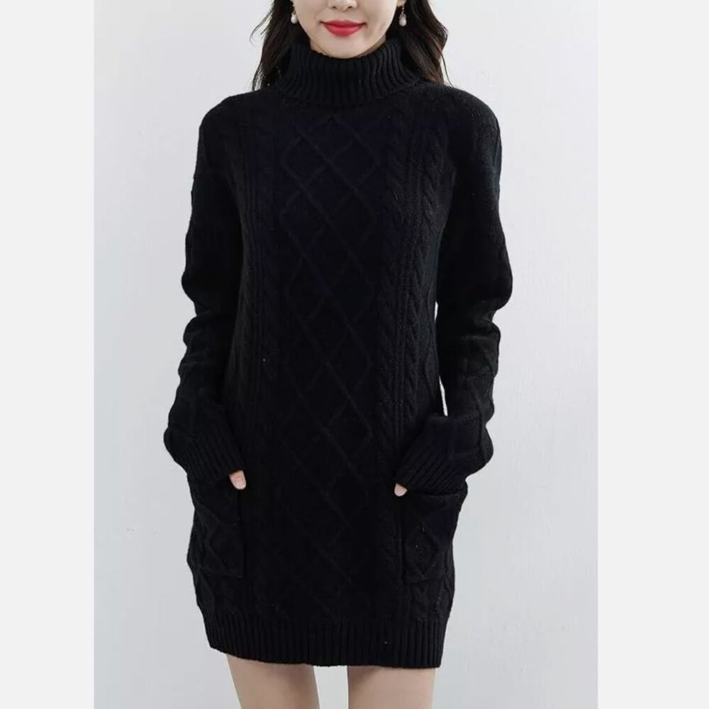 New Turtleneck Sweater Dress Merino Wool Black Medium